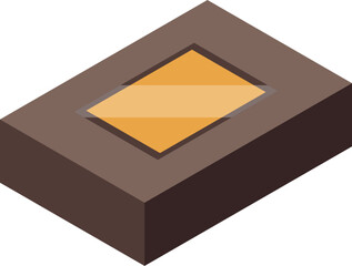 Isometric view of a closed rectangular box featuring a transparent window revealing a golden product inside, ideal for showcasing premium items
