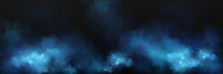 Vector realistic background with blue-blue smoke clouds on a dark transparent background. Detailed clouds with the effect of fog, smoke and soft glow. 