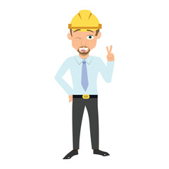 Happy construction worker winking and making a V-sign (peace or victory) gesture. Friendly and cool concept