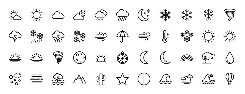 Weather and meteorology line icon set. Vector pictograms of sun, rain, snow, lightning, and wind, thin linear illustration.