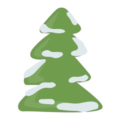 Cartoon Christmas Tree Icon. Evergreen Forest New year Symbol. Traditional Holiday Greeting Party Decoration. Christmas Spruce Tree Childish Hand Drawn Retro Element. Family Party Card Part.