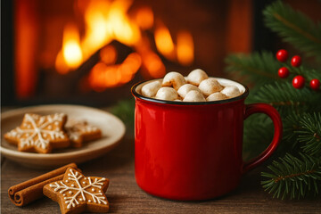 Hot Chocolate With Marshmallows By Fireplace