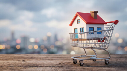 A miniature house with red roof inside a shopping cart on a wooden surface with city view