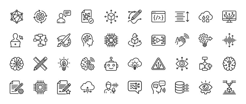 Artificial intelligence and technology line icon set. Vector pictograms of neural network, robot, brain, algorithm, cloud, chip, chatbot, coding, thin linear illustration.