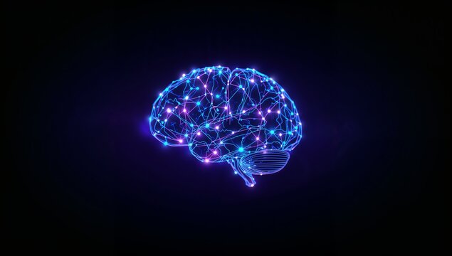 Digital Brain with Network Connections Glowing in Dark Background