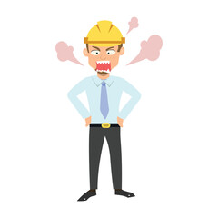 Furious cartoon construction worker or boss looking very angry with steam blowing from his ears. Stress and frustration concept