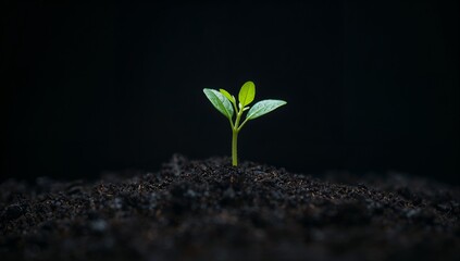 Naklejka premium Green Seedling Growing from Dark Soil in Captivating Natural Scene
