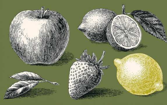 set of hand-drawn fruits, including an apple, orange, lemon, and strawberry, vector illustrations