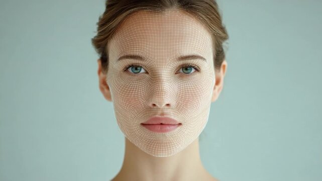 Woman with Digital Face Mesh Overlay Demonstrating Concept of Facial Recognition Technology in a Modern Setting 4k video footage