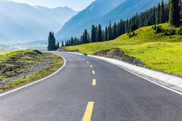 Asphalt road winding through green mountains and pine forest in summer