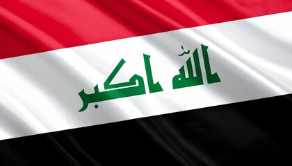 Iraqi flag with horizontal red, white, and black stripes and green Kufic script reading "Allahu Akbar" on fabric texture.