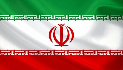 Iranian flag with green, white, and red horizontal stripes, central emblem, and Kufic script border on fabric texture.