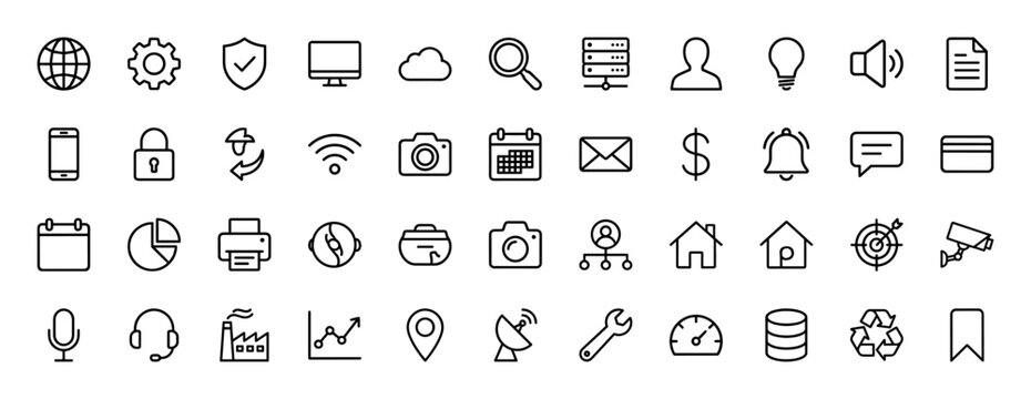 Business and technology line icon set. Vector pictograms of server, cloud, phone, mail, calendar, camera, wallet, graph, factory and home, thin linear illustration.