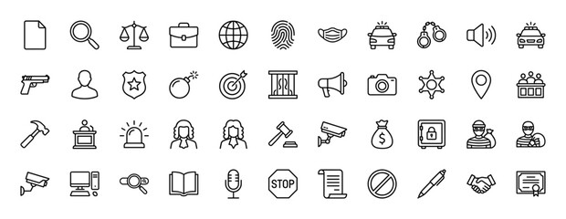 Fototapeta premium Law and justice line icon set. Vector pictograms of police car, gavel, handcuffs, and judge, thin linear illustration.