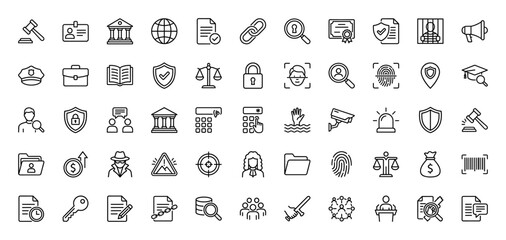 Fototapeta premium Law and justice line icon set. Vector pictograms of gavel, scale, handcuffs, shield, and contract, thin linear illustration.