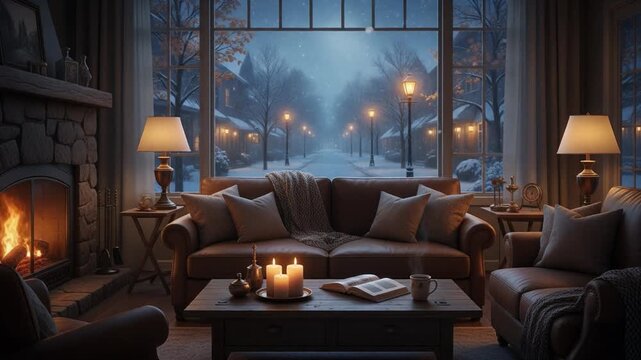 A warm, cozy living room with a glowing fireplace, candles, and soft lighting, overlooking a peaceful snowy street through large windows on a winter evening.