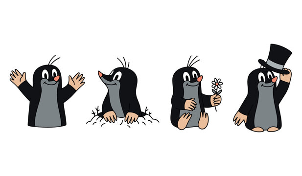 Cartoon mole characters showing various expressions and activities