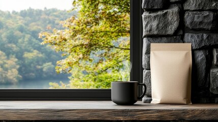 A coffee cup and a blank paper bag sit on a wooden shelf next to a window with a scenic view of a forest and lake.