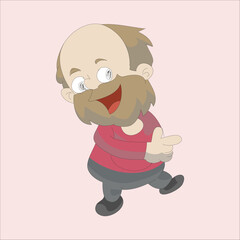 Vector illustration of a funny old construction worker or manual laborer leaning forward, pointing a finger, and looking happy or curious. Flat character design