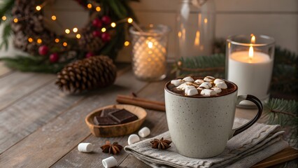 Cozy christmas scene with a steaming mug of hot chocolate topped with marshmallows and cinnamon sticks on a wooden table