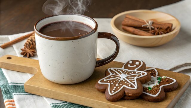 Steaming mug of hot chocolate with gingerbread cookies and cinnamon sticks on a rustic wooden board for a cozy winter treat