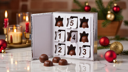 A luxury chocolate advent calendar on marble, several doors open revealing glossy artisan chocolates. Metallic foil glows as candles and ornaments blur into a warm, elegant holiday backdrop.