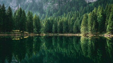 Symmetrical Reflection of a Lush Pine Forest on a Serene, Still Wilderness Lake.