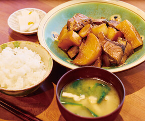 Japanese Simmered Yellowtail and Daikon with Rice and Miso Soup