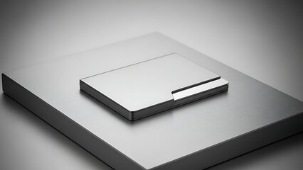 A sleek, modern silver metallic card holder with a minimalist design on a brushed metal block.