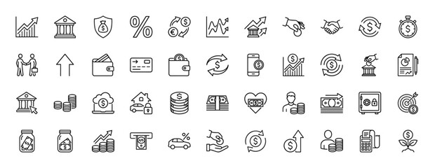 Finance line icon set. Vector pictograms of bank building, wallet, money bag, calculator, credit card, coins, chart, safe, atm and handshake, thin linear illustration.