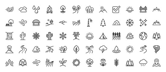 Naklejka premium Nature and weather line icon set. Vector pictograms of trees, mountains, sun, rain, wind, and water, thin linear illustration.