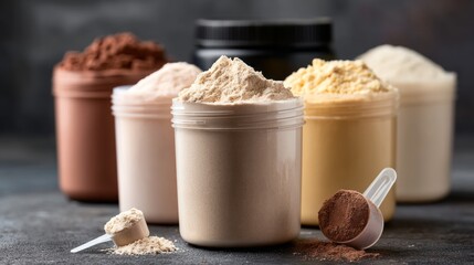 Various containers filled with protein powder in shades of chocolate, vanilla, and other flavors sit neatly on a dark background. A scoop rests beside one container, showcasing the blend inside
