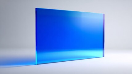 A Transparent Blue Panel Displaying Vibrant Light Reflections and Geometric Shapes on a Minimalist Background