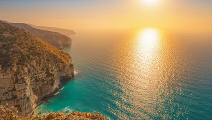 Serene Sunset Over Ocean Cliffs with Glowing Horizon and Waves