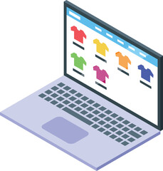 Laptop displaying an online shop selling colorful t shirts, perfect for illustrating e commerce, fashion retail, and online shopping