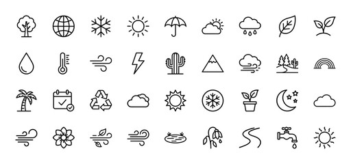 Fototapeta premium Nature and weather line icon set. Vector pictograms of rain cloud, sun, snowflake, leaf, thermometer, and wind, thin linear illustration.