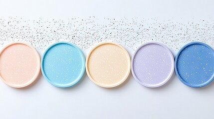 Overhead shot of five colorful plates arranged on a white background with scattered black dots. The plates are pastel colors.