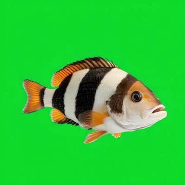 Striking black and white striped tropical fish with vibrant orange fins against a bright green screen background