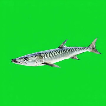 Detailed Atlantic Mackerel fish with dark wavy stripes swimming on a solid bright green screen