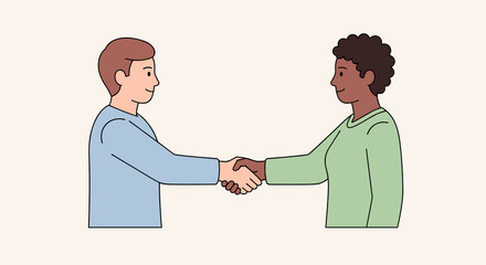 Fototapeta premium Two diverse individuals shake hands, symbolizing a positive business agreement, partnership, and successful collaboration in a modern flat vector illustration.