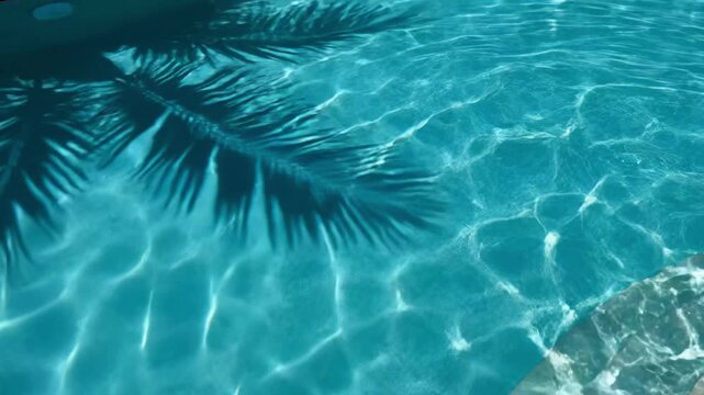 Top-Down Palm Shadow over Turquoise Swimming Pool Water with Sun Caustics