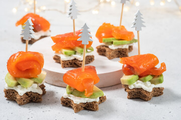 Colorful appetizer bites with smoked salmon and avocado for a festive occasion