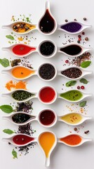 Overhead shot of various colorful sauces and spices arranged in white ceramic spoons on a white surface, with herbs and peppercorns.