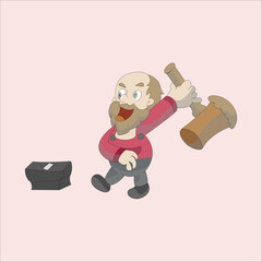 Vector illustration of an angry old man running fast while holding a hammer, as if chasing someone or charging into battle. Isolated on a light background