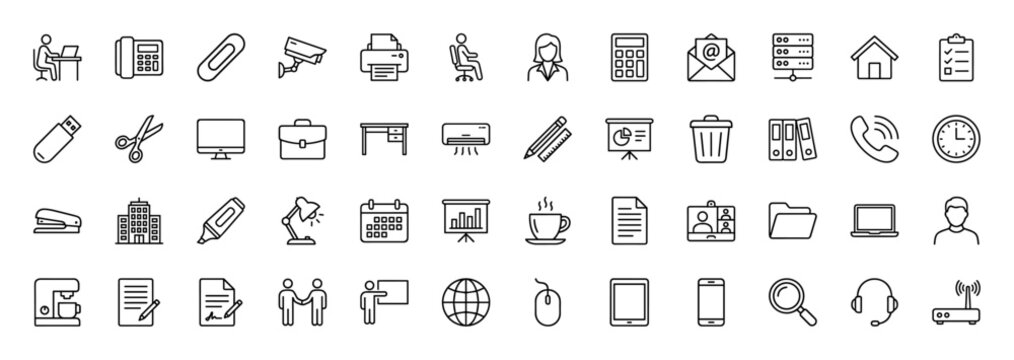 Business and office line icon set. Vector pictograms of laptop, calendar, computer, telephone, and desk, thin linear illustration.