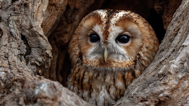 Great horned owl and long eared owl, beautiful brown raptor birds of the wild, with big eyes and sharp beak, a nocturnal predator portrait