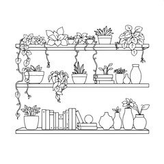 Minimalist black-and-white line drawing of indoor shelves with clean lines and subtle shading, displaying an assortment of succulents with plump leaves, trailing vines with delicate curves, and leafy 