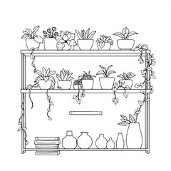 Minimalist black-and-white line drawing of indoor shelves with clean lines and subtle shading, displaying an assortment of succulents with plump leaves, trailing vines with delicate curves, and leafy 