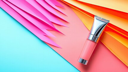 A cosmetic tube is placed on a colorful paper background. The composition features vibrant pink, orange, and blue hues, creating a modern and artistic aesthetic