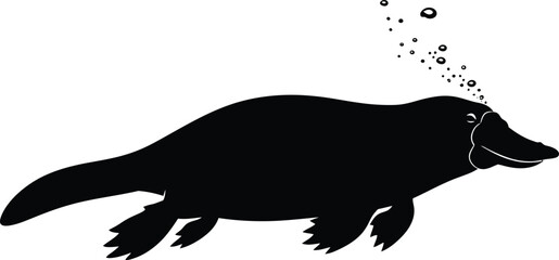 Black Platypus Silhouette Swimming Vector Graphic with Bubbles